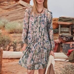 Sundance Provence Rose 100% Silk Pleated Dropwaist Dress - Size M